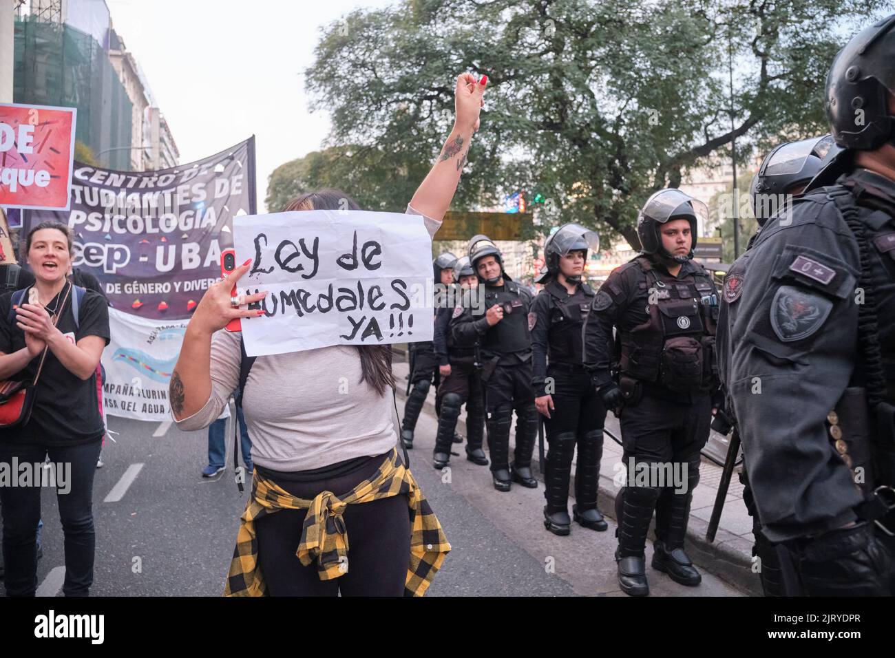 Buenos Aires, Argentinien; 25. August 2022: Menschen protestieren friedlich, bewacht von Polizisten. Poster Text: Feuchtgebiete Gesetz jetzt! Stockfoto