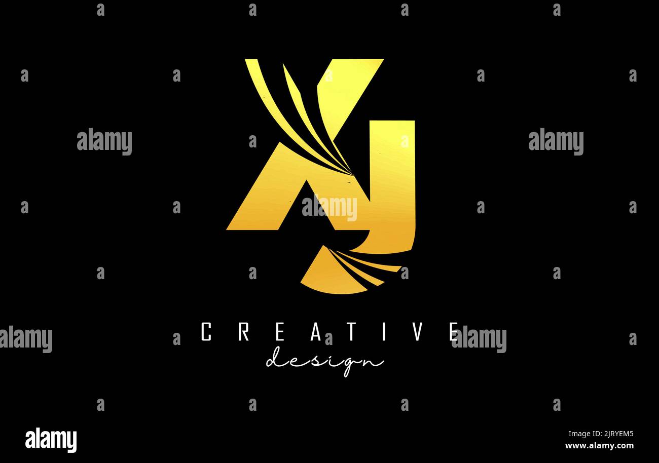 Kreatives XJ x j Logo in Gold mit Schriftzug und Straßenkonzept. Buchstaben mit geometrischem Design. Vektor-Illustration mit Brief und Kreati Stock Vektor