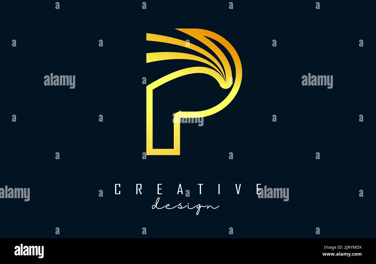 Golden Outline Kreatives P-Logo mit führenden Linien und Straßenkonzept. Buchstabe P mit geometrischem Design. Vektor-Illustration mit Buchstaben und Stock Vektor