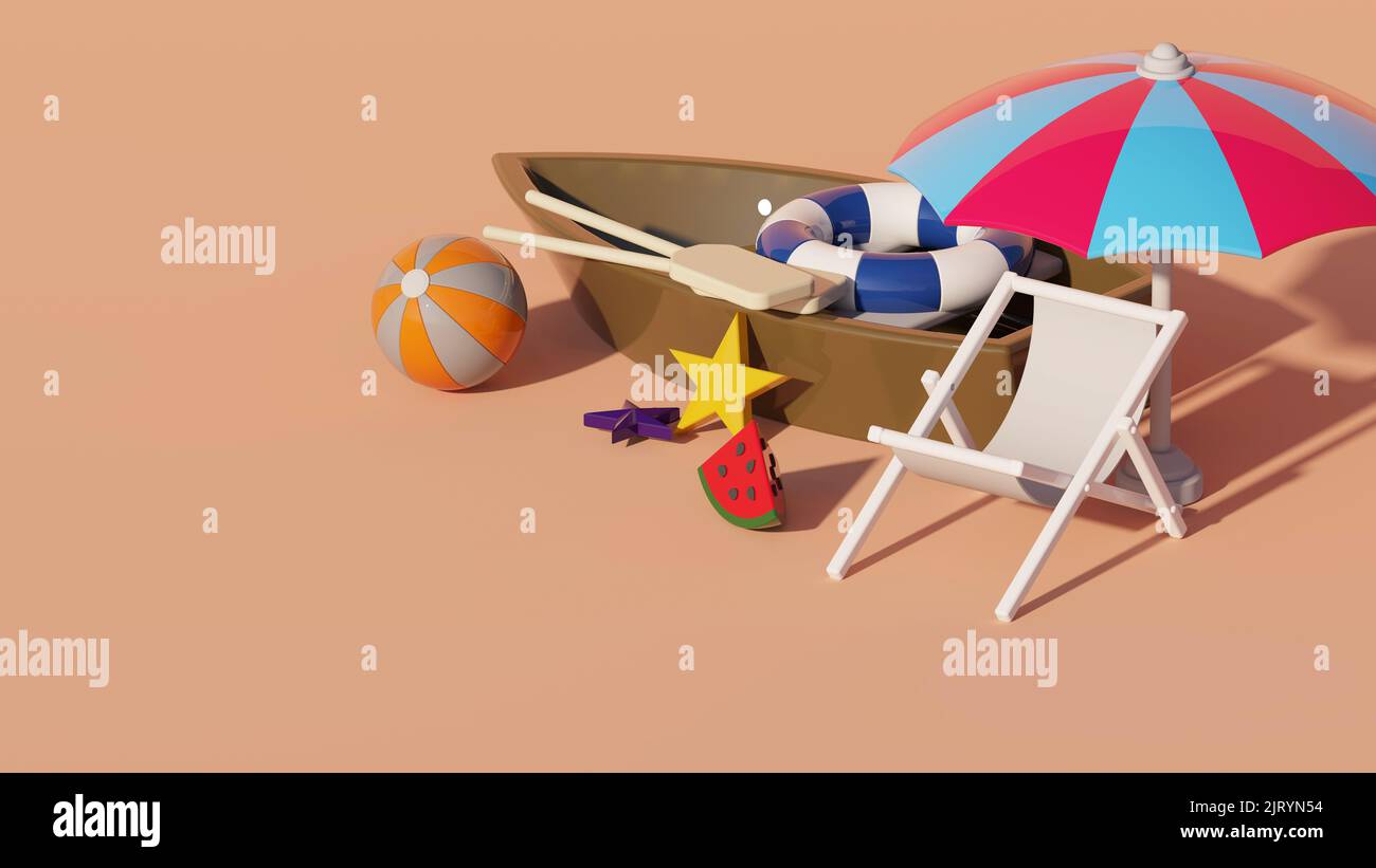 Das 3D gerenderte bunte Boot, Regenschirm und Klappstuhl auf dem Sand - ein  Strandurlaubskonzept Stockfotografie - Alamy
