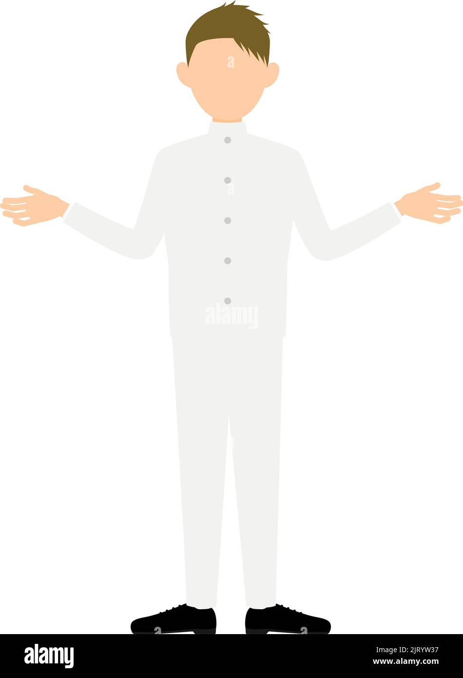 Junge in weißer Schuluniform, Gesten mit ausgestreckten Armen Stock Vektor
