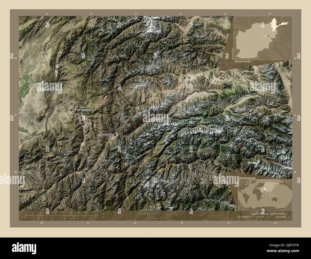 Badakhshan, Provinz Afghanistan. Hochauflösende Satellitenkarte. Orte ...