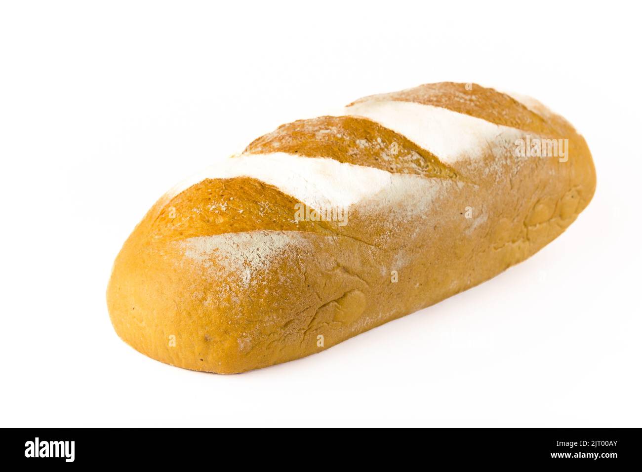 Großer, gesunder Laib Weißbrot direkt aus der Bäckerei mit schönen traditionellen Mehlformen auf der Oberseite. Isoliert auf weißem Hintergrund im Studio. Hochwertige Fotos Stockfoto