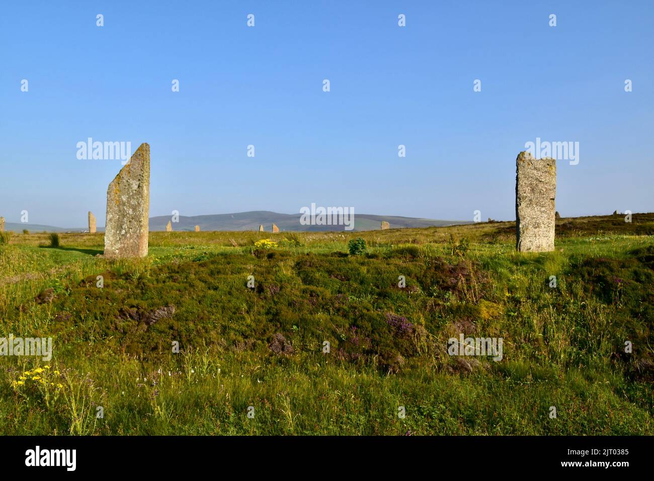 Zwei der stehenden Steine des Ringes von Brodgar. Stockfoto