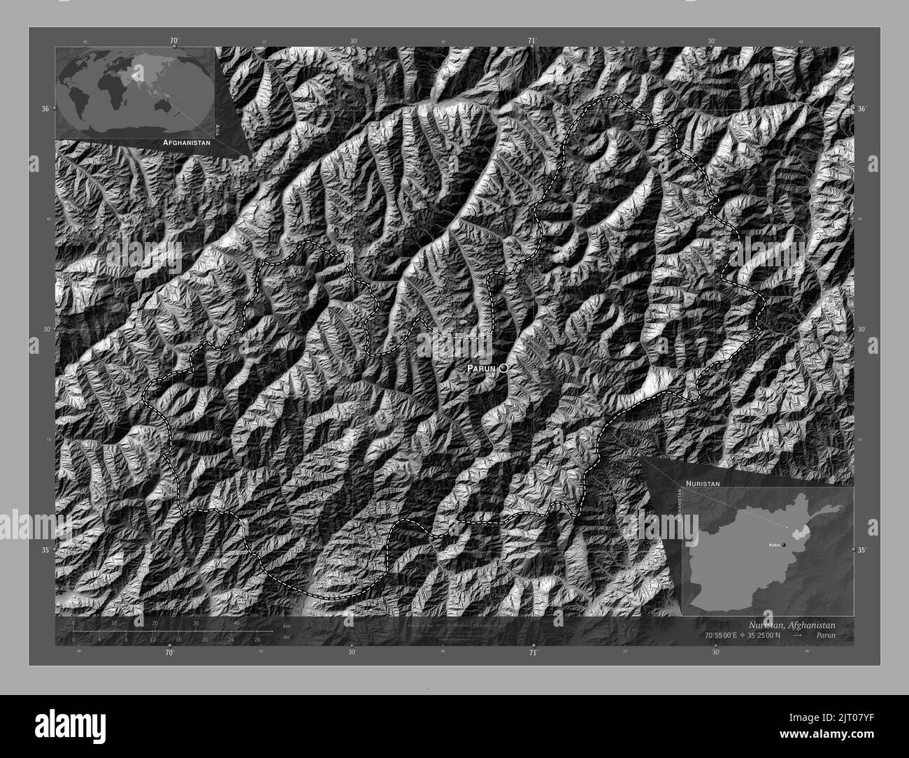 Nuristan, Provinz Afghanistan. Bilevel-Höhenkarte mit Seen und Flüssen. Orte und Namen der wichtigsten Städte der Region. Ecke Zusatzbereich lo Stockfoto