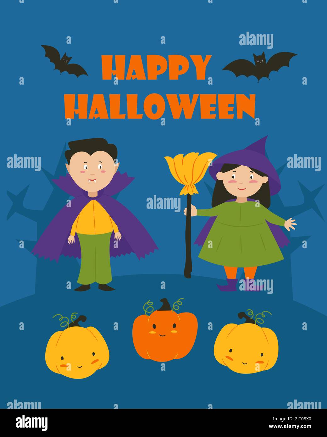 Postkarte Banner für Halloween, Kinder in Kostümen von Geistern. Vektorgrafik Stock Vektor