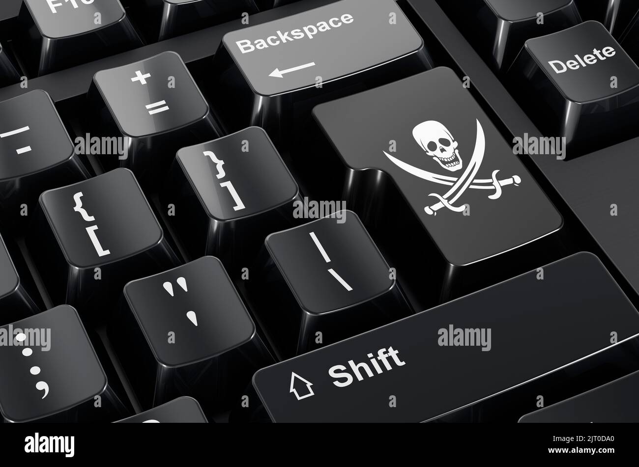 Piraterieflagge auf der Computertastatur. 3D Rendern Stockfoto