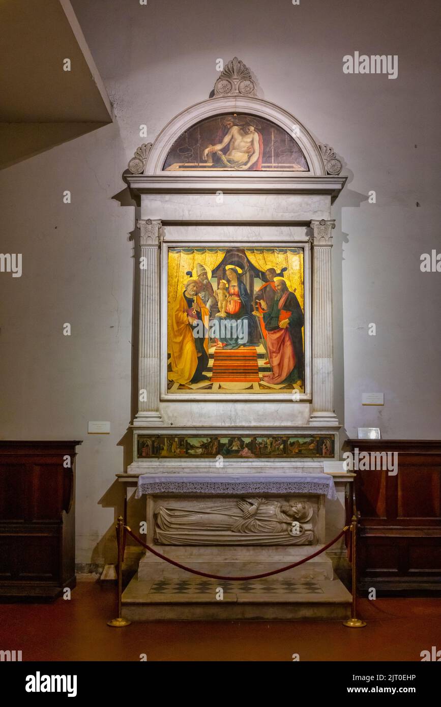 Madonna mit Kind und den Heiligen Peter, Clement, Paul und Sebastian, vom italienischen Künstler Domenico Ghirlandaio, 1448 - 1494. Duomo San Martino. St. Marti Stockfoto