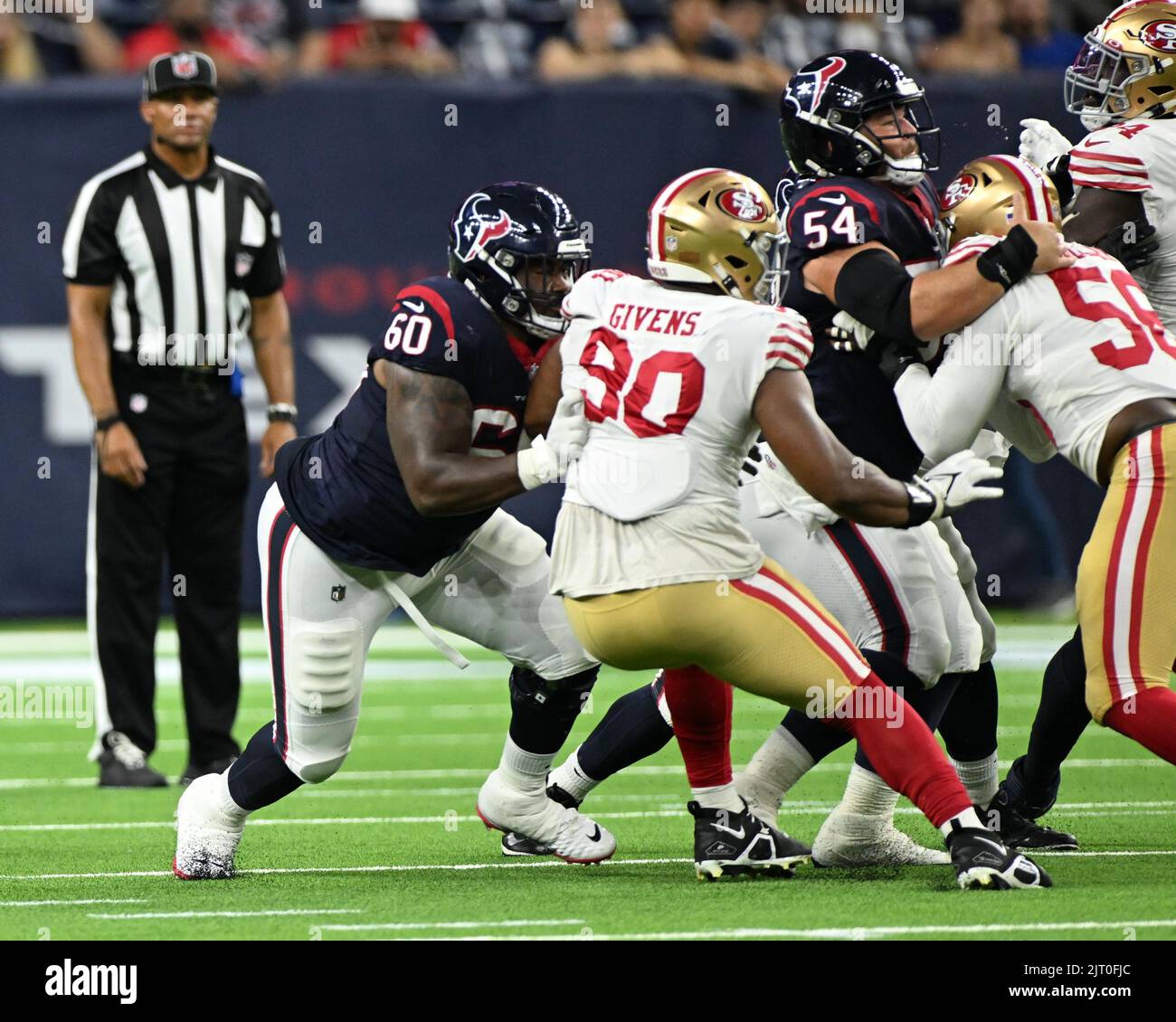 Houston Texans Wache A.J. Cann (60) und das Houston Texans Center Scott Quessenberry (54) bieten während des ersten Quartals des NFL-Spiels Schutz Stockfoto