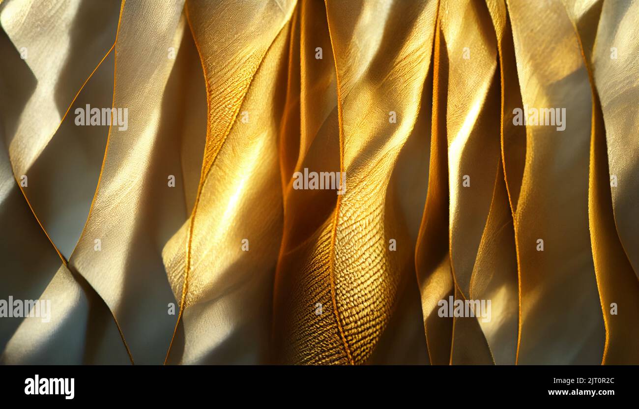 Das Hintergrundbild des eleganten goldenen Stoffes überschneidet sich wunderschön, digitale Kunst Stockfoto