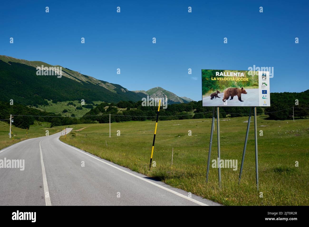 Schild warnt vor Bären, Straße im Nationalpark Majella, Parco nazionale della Majella, Abruzzen, Italien, Europa Stockfoto