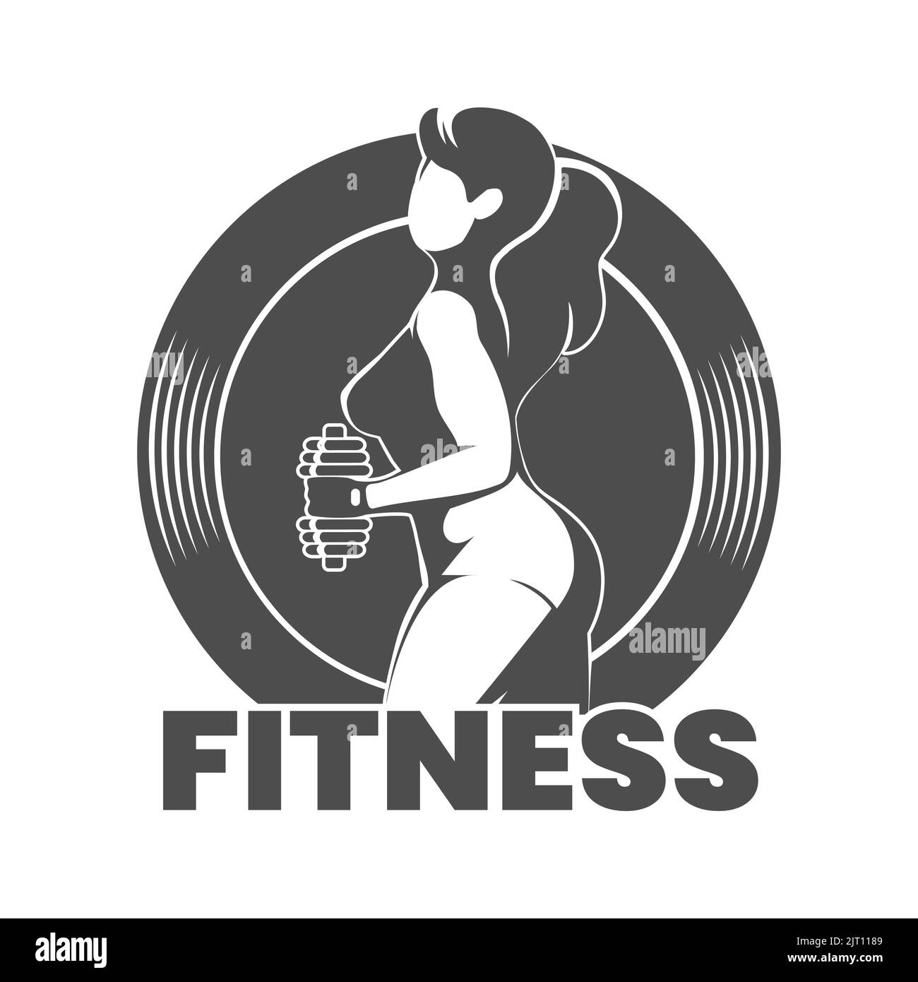 Fitness Logo Emblem mit Frau hält Hantel an Langhantelplatte. Vektorgrafik isoliert auf Weiß. Stock Vektor