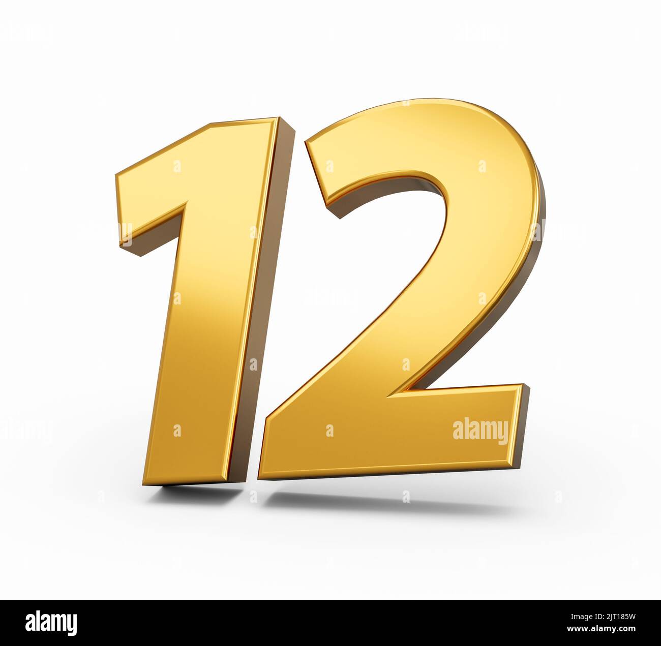 Eine 3D Abbildung einer goldenen Zahl zwölf isoliert auf weißem Hintergrund Stockfoto