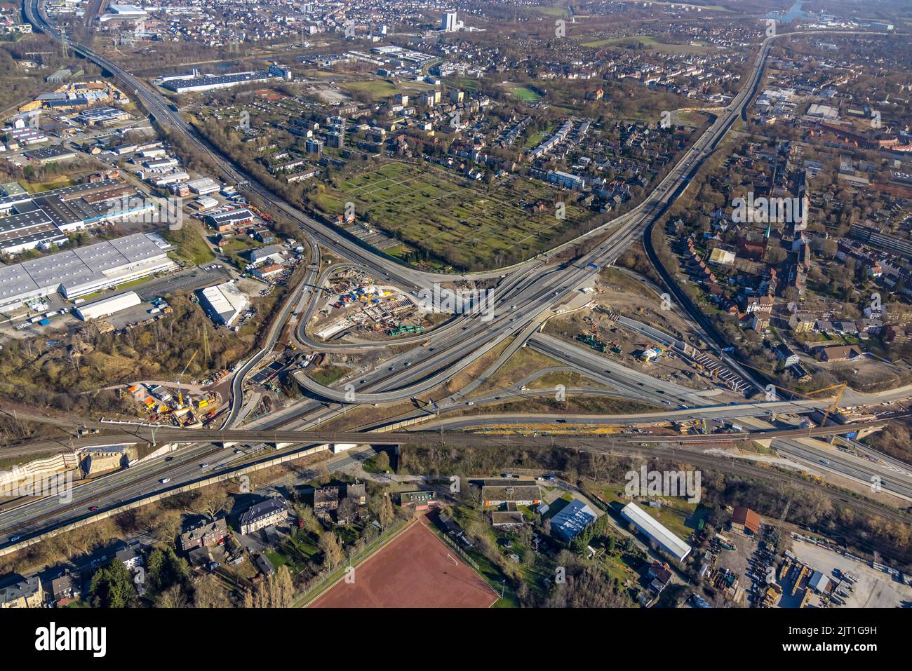 Große Baustelle Autobahnkreuz Herne der Autobahn A42 und Autobahn A43, mit Bau des Baukau-Tunnels, Ruhrgebiet, Nordrhein-West Stockfoto