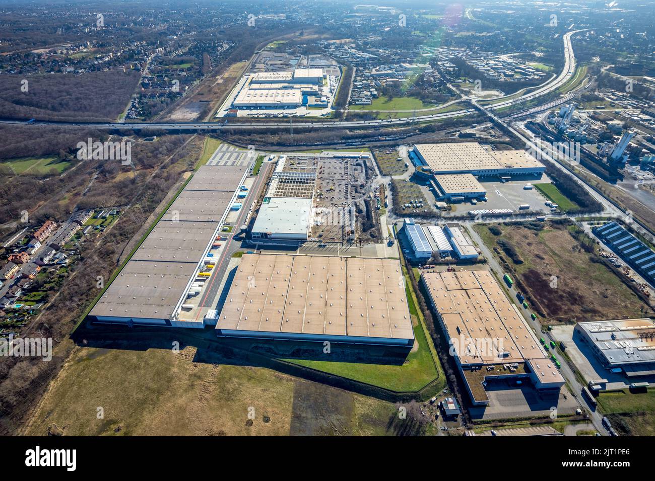 Luftaufnahme, SEGRO Logistics Park Oberhausen und Edeka Central Warehouse Logistics Center, Waldteich, Schwarze Heide, Oberhausen, Ruhrgebiet, Auch Nicht Stockfoto