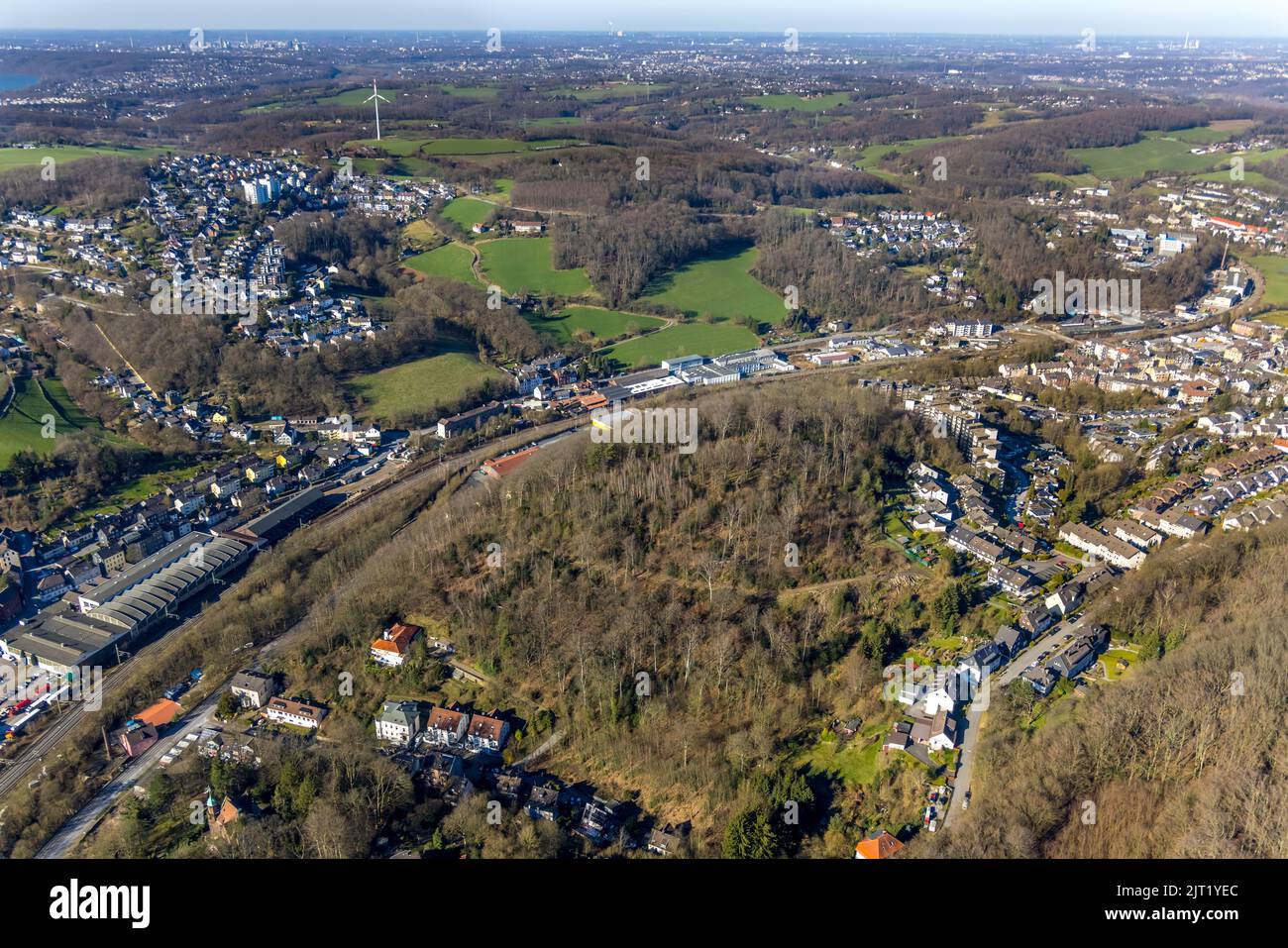 Luftaufnahme, Waldgebiet Loper Berg mit Bezirk Bonsfeld und links im Bildbezirk Hoppscheiderberg, Oberbonsfeld, Velbert, Ruhrgebiet, Stockfoto