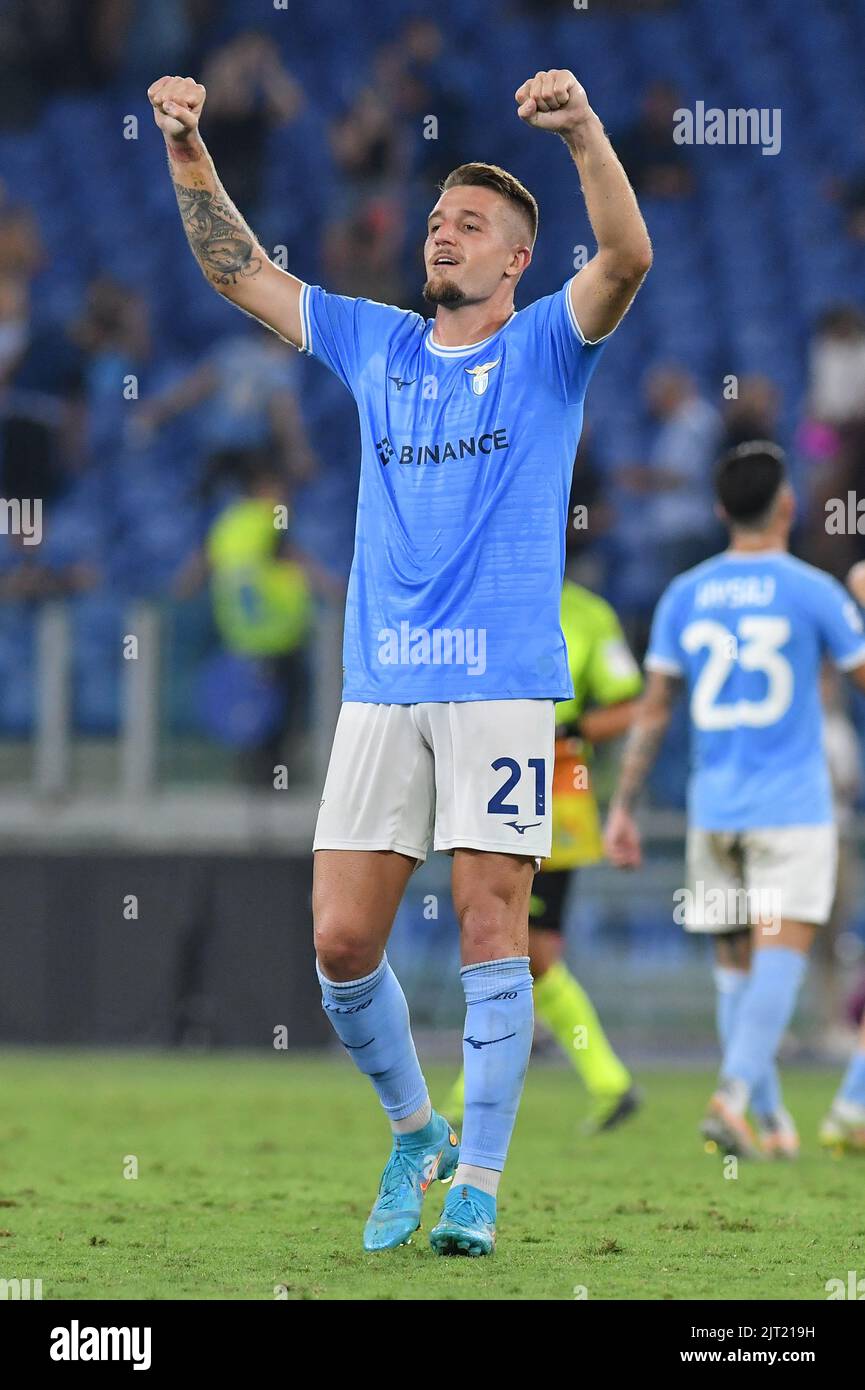 Rom, Italien ,26.. August , 2022 im Bild links nach rechts feiert Sergej Milinkovic Savic von der SS Lazio den Sieg am Ende des Spiels Während Fußball Serie A Spiel Serie A Spiel Lazio V Inter Credit: Massimo Insabato/Alamy Live News Stockfoto