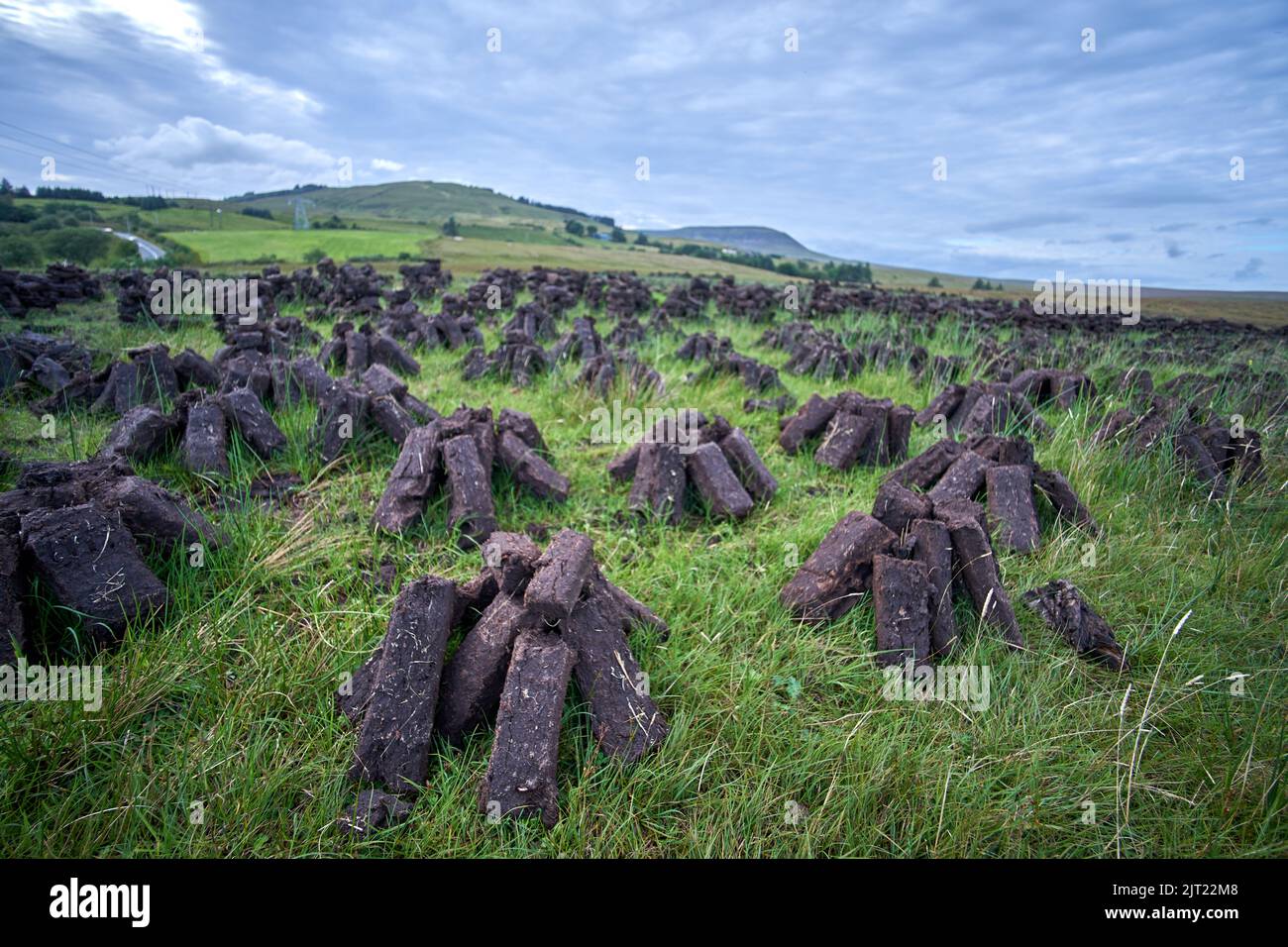 Rasen fossile Brennstoffe trocknen in einem irischen Moor. Stockfoto