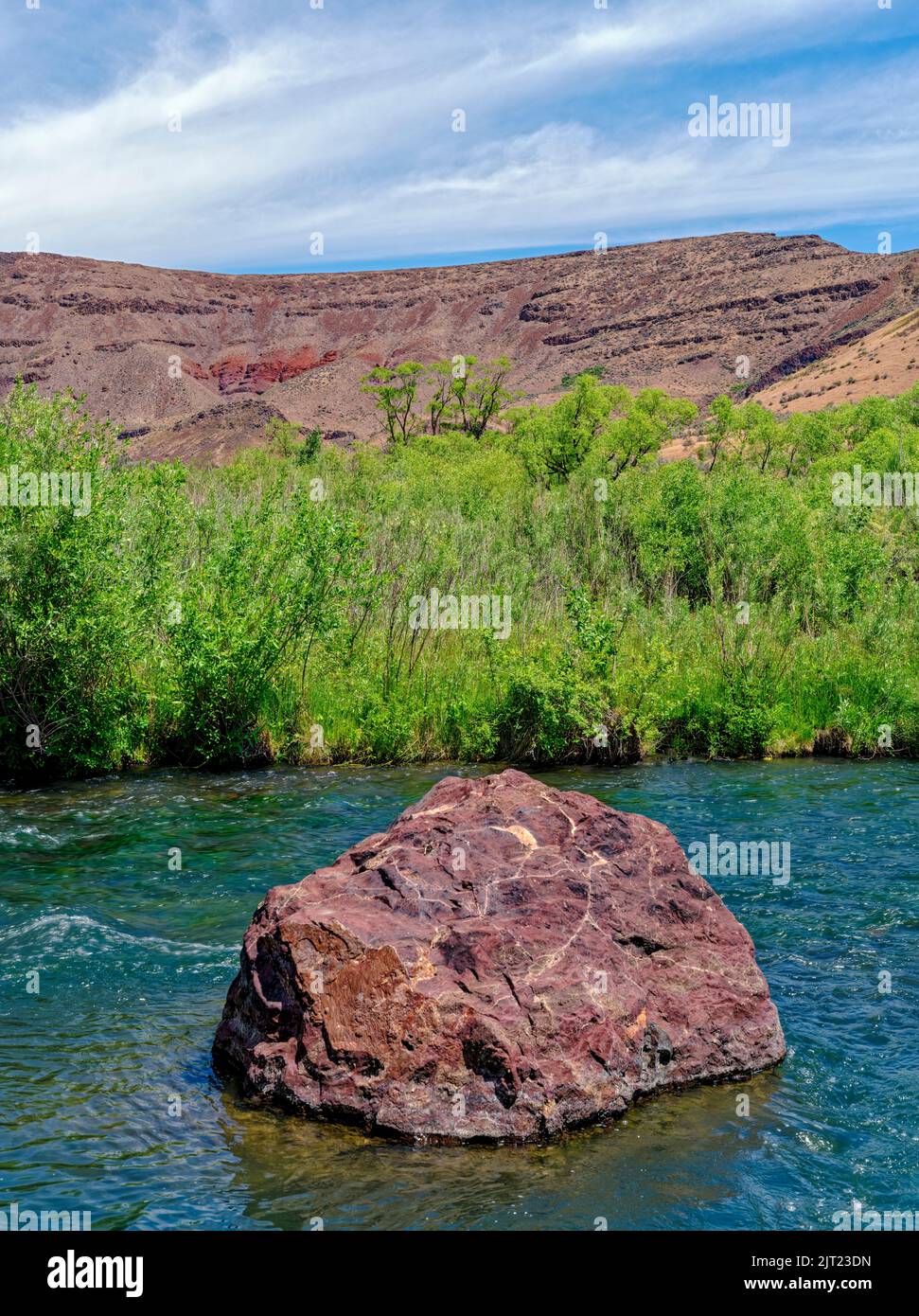 Ein großer Felsen liegt mitten im Owyhee River in Oregon, USA Stockfoto