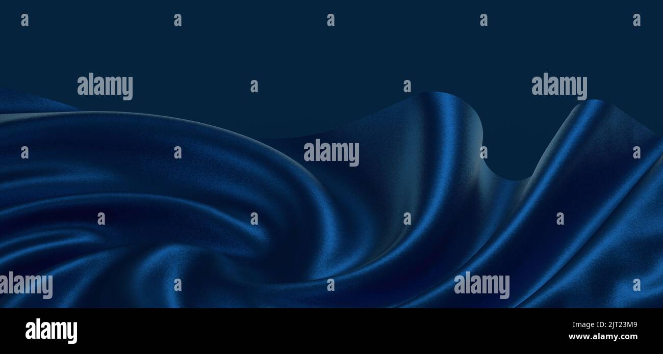 Eine 3D-Darstellung eines blauen Seidengewebes vor einem dunklen Hintergrund Stockfoto