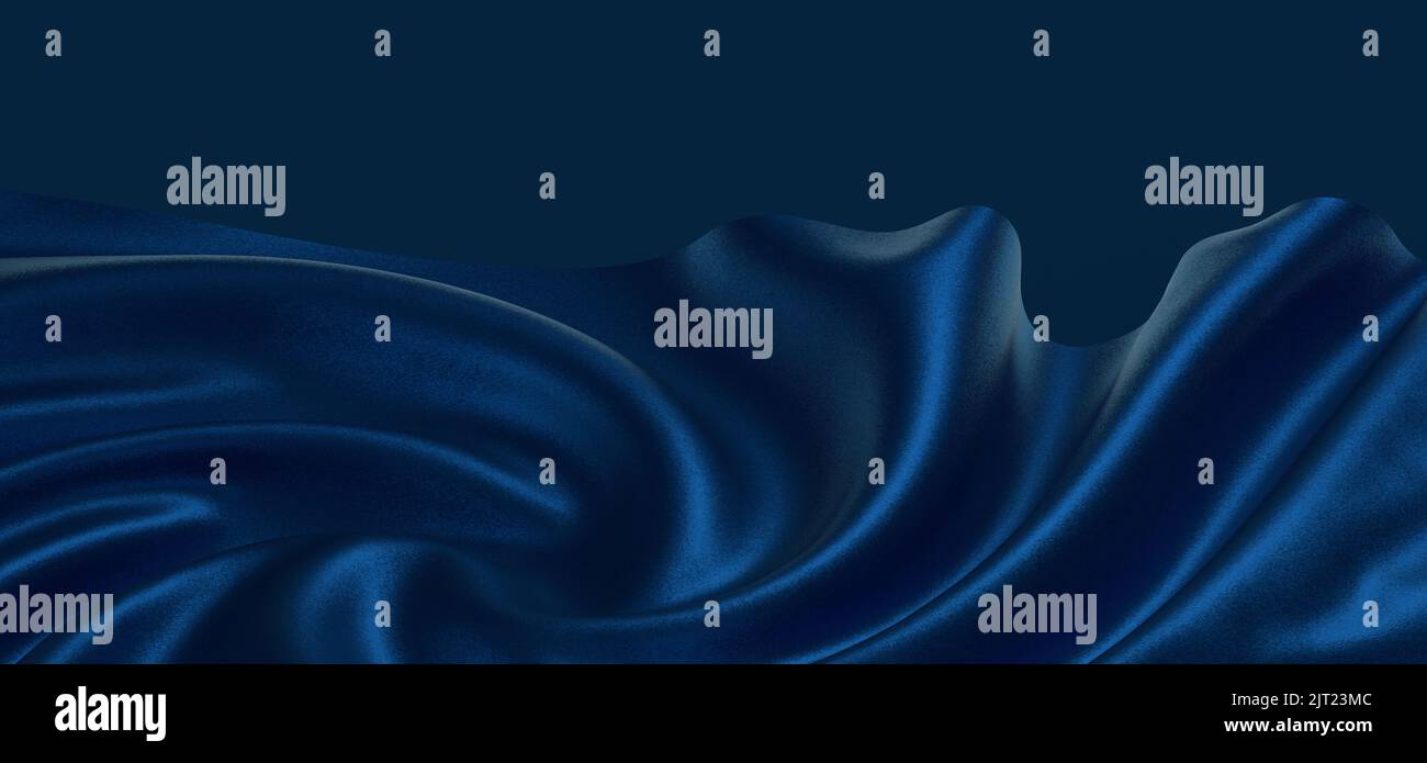 Eine 3D-Darstellung eines blauen Seidengewebes vor einem dunklen Hintergrund Stockfoto