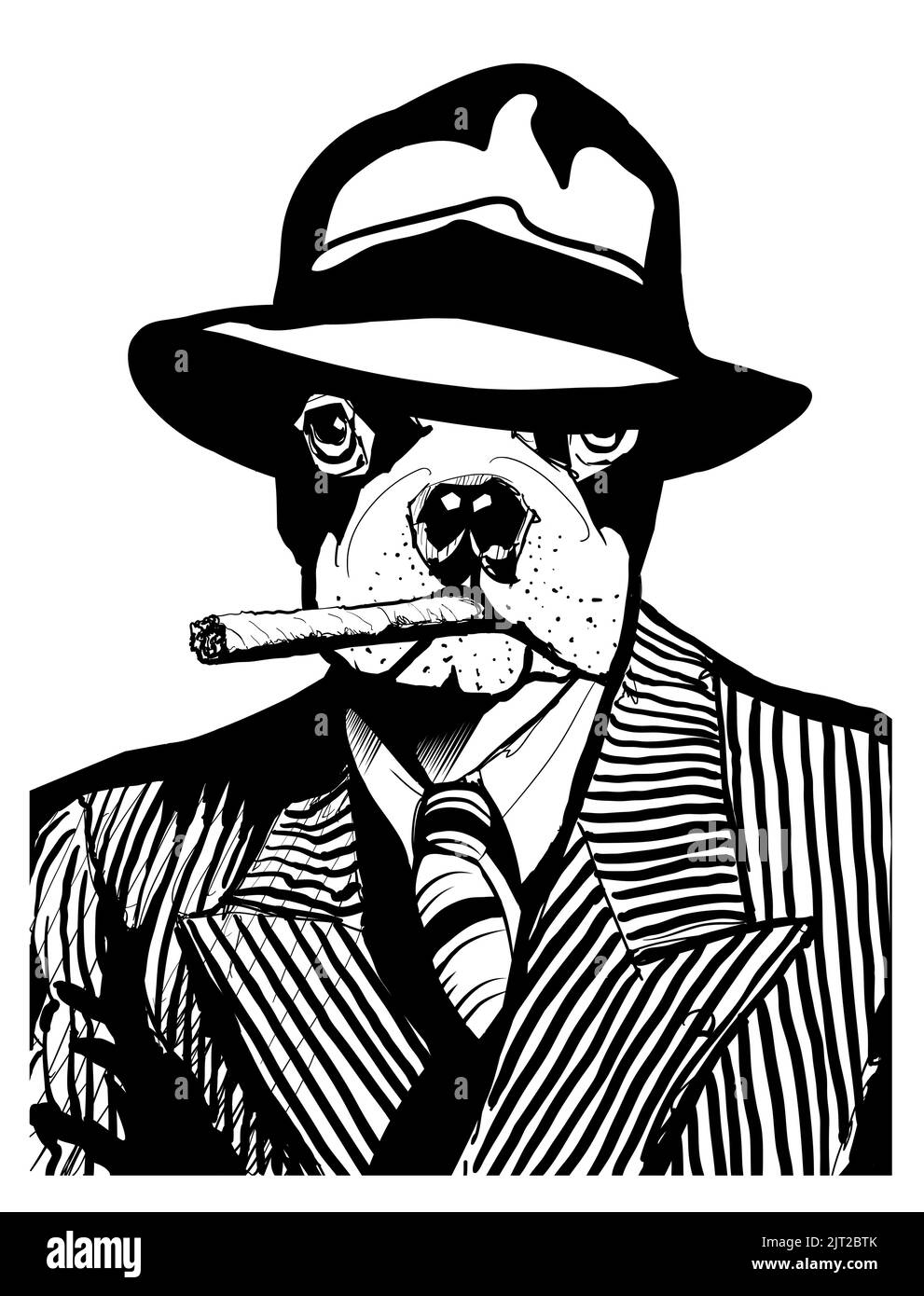 Französische Bulldogge mit Gangsterhut und Zigarrenvektor-Illustration Stock Vektor
