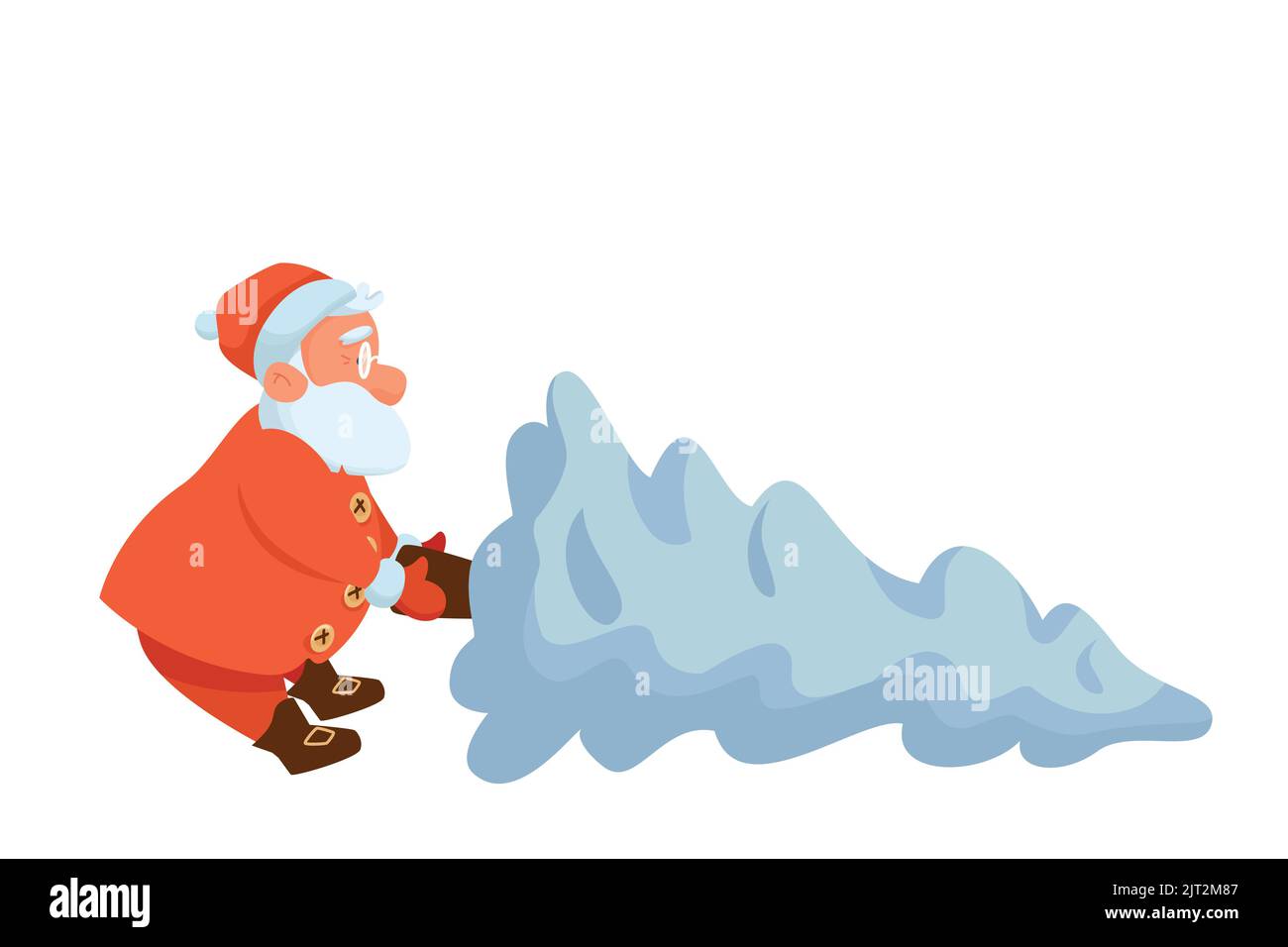 Müde Weihnachtsmann in Rot zieht Neujahrsbaum Stock Vektor