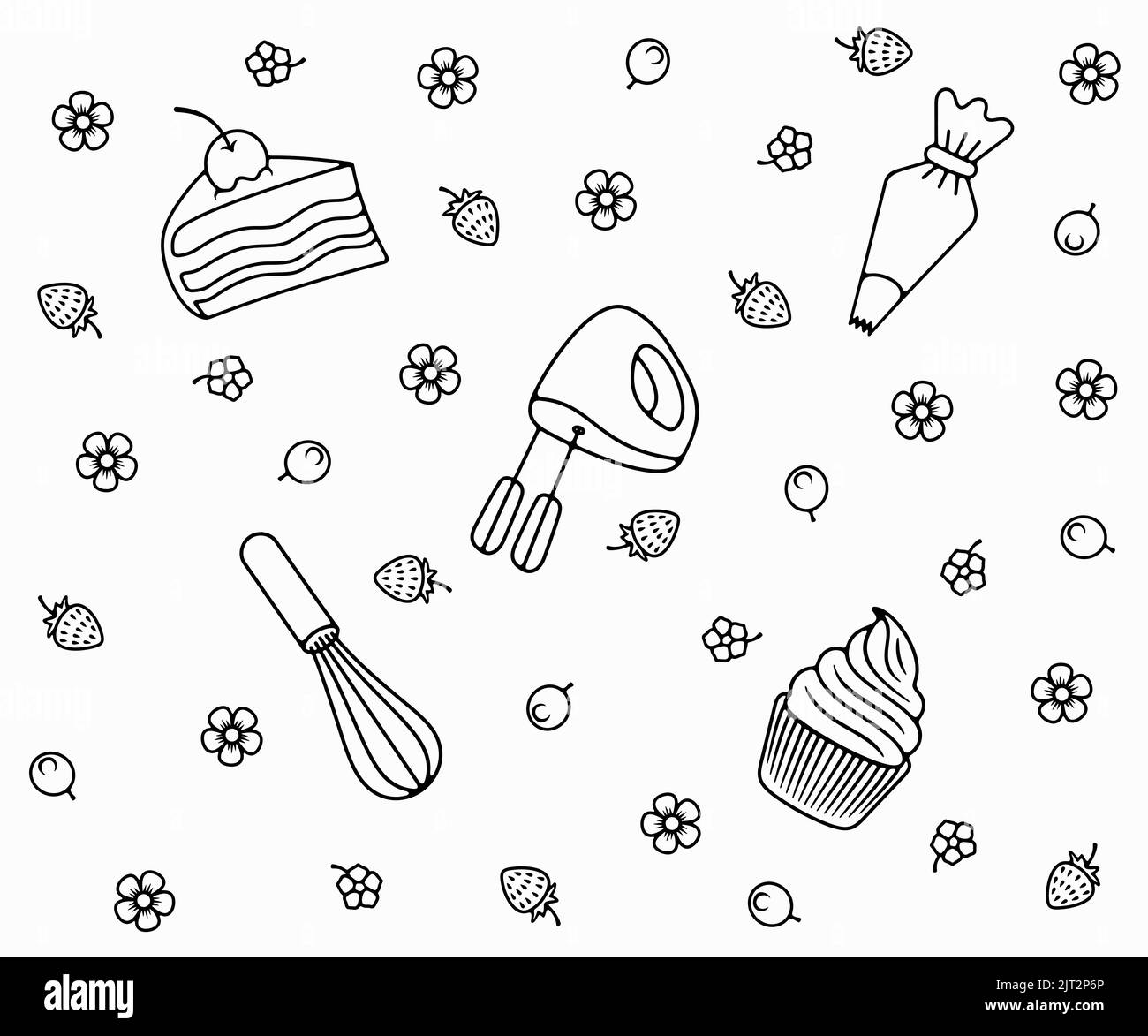 Lebensmittel, Süßwaren, Süßwaren Utensilien, nahtlose Vektor-Hintergrund, Muster mit Umrisssymbolen. Stück Kuchen, Cupcake, elektrischer Mixer, Schneebesen Stock Vektor