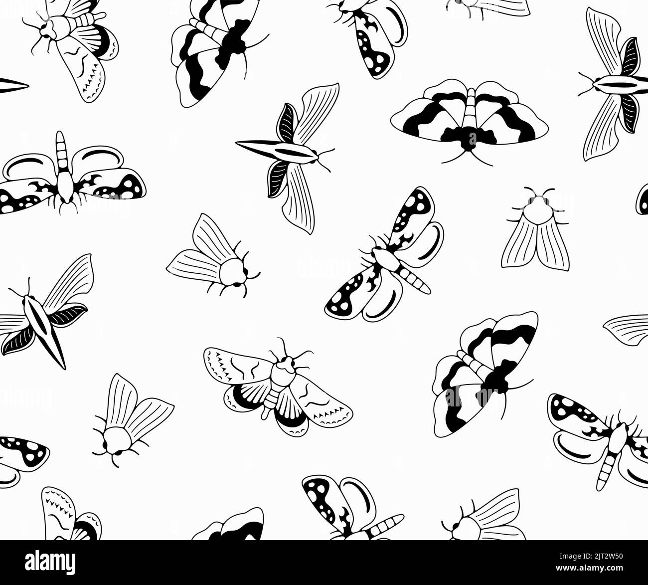 Nachtaktive Motte, Schmetterlinge und Motten, nahtloser Vektorhintergrund in Umriss, Muster. Fliegende Insekten, Natur, Entomologie und Entomologie, Tapete Stock Vektor