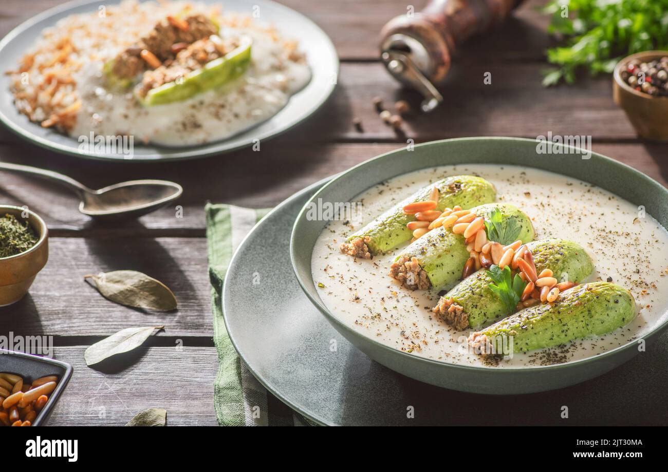 Arabische Küche; Eine köstliche libanesische gefüllte Zucchini in würziger Knoblauch-Joghurt-Sauce. Serviert mit gekochtem Reis mit Vermicelli. Stockfoto