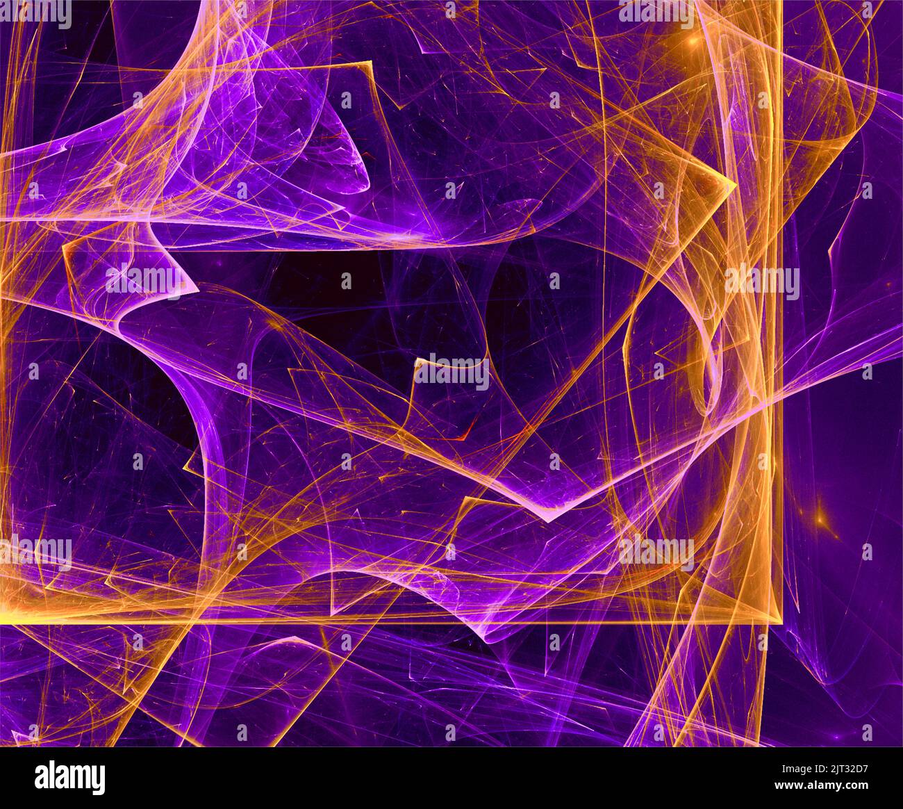 Abstrakter Hintergrund von hellen orange-violetten Linien auf schwarzem Hintergrund, neuronales Netz, Design Stockfoto