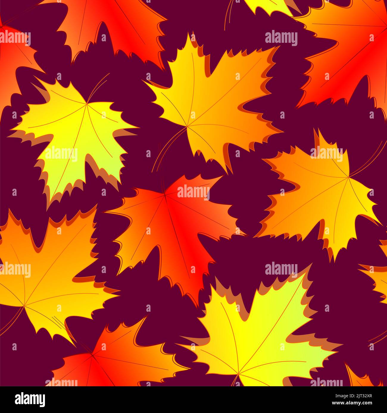 Nahtloses asymmetrisches Muster aus herbstlichen Ahornblättern auf dunklem Magenta-Hintergrund, Textur, Design Stockfoto