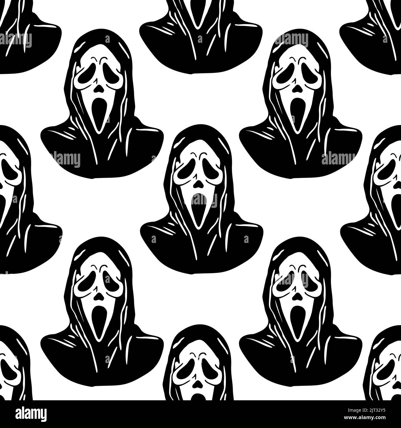 Nahtlose Grafik schwarz Muster Maske Scream auf weißem Hintergrund, Textur, Design Stockfoto
