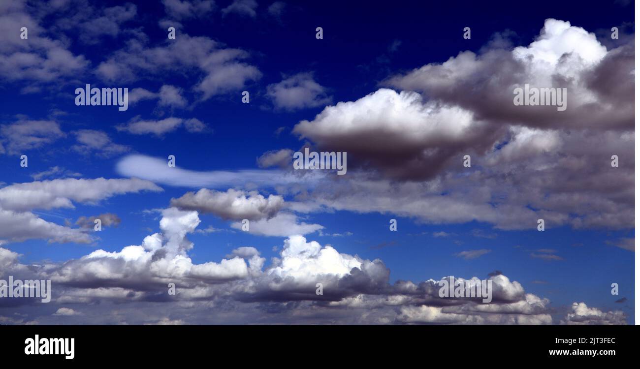Weiße Haufenwolken, bewölkt, blauer Himmel, Himmel, Wolke, Wetter, Meteorologie, England, Großbritannien Stockfoto