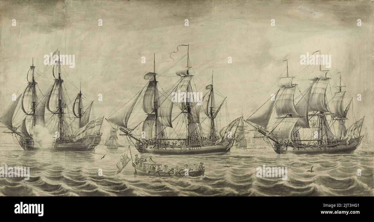 Trois navieres anglais de la compagnie de la baie d'Hudson en 1769. Stockfoto