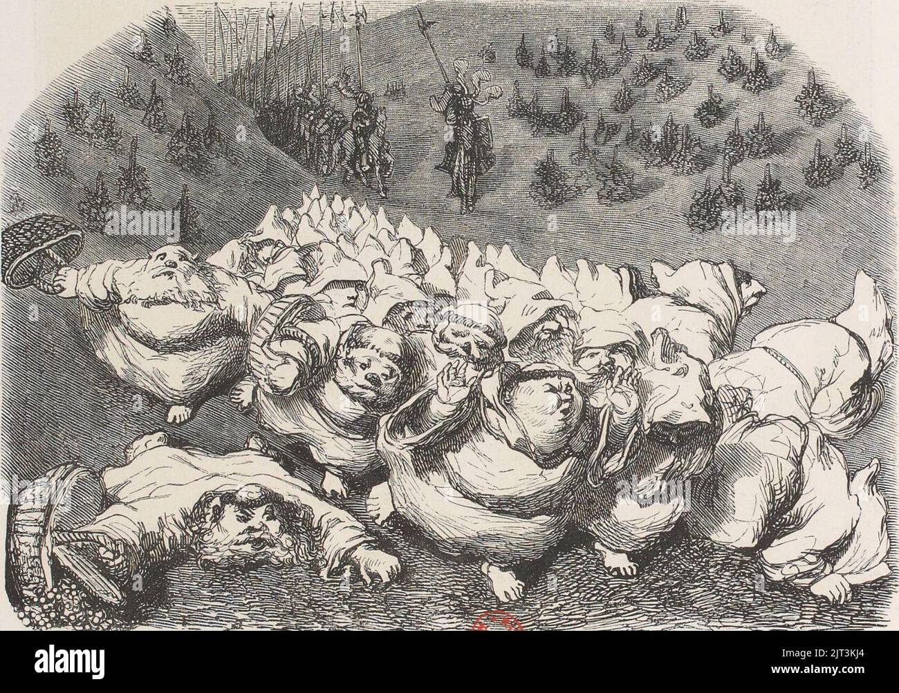 Truppe von moines fuyant l'arrivée de l'armée de Picrochole - Gargantua (Kap. 27) illustré par Gustave Doré, 1873. Stockfoto