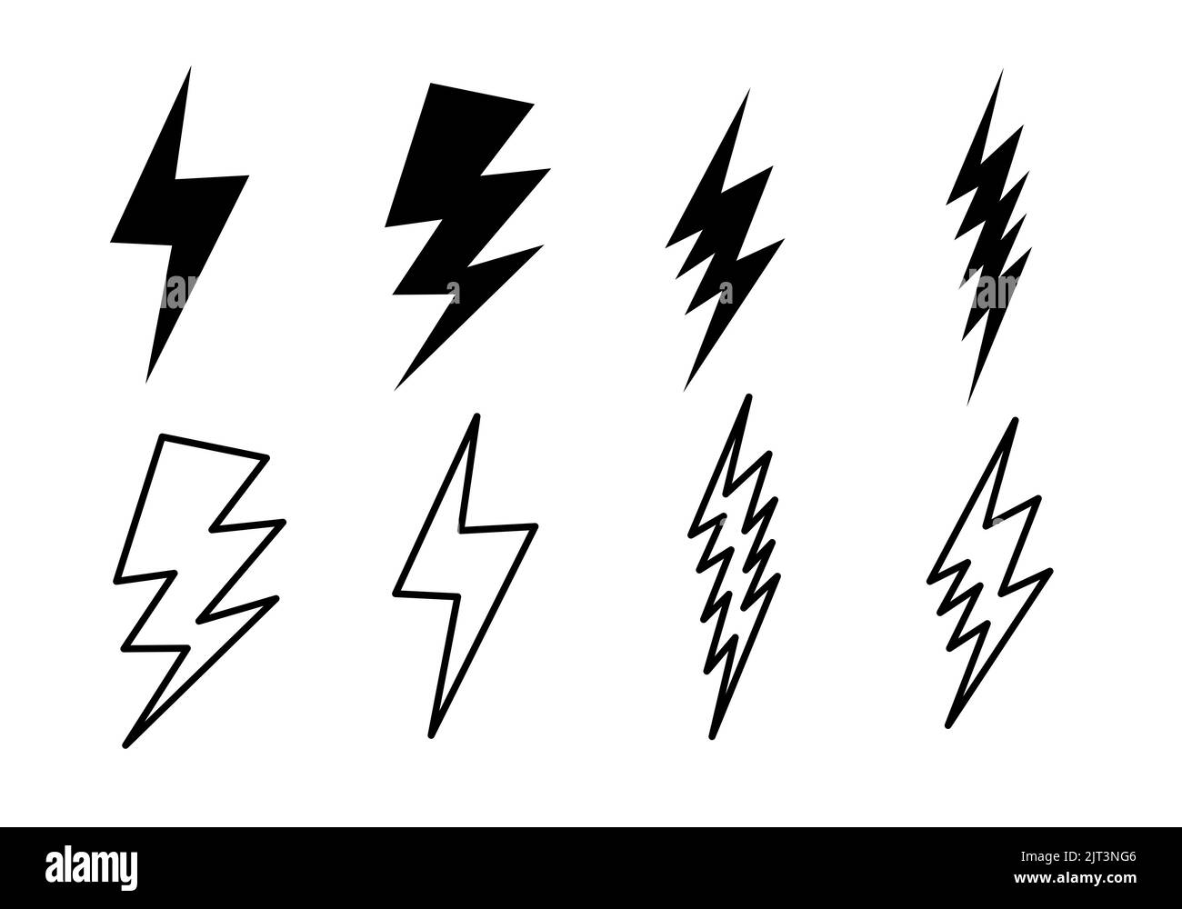 Blitzschraube einsetzen. Thunderbolt flacher Stil.Thunder und Bolt Lighting Flash-Symbole auf weißem Hintergrund gesetzt. Stockfoto