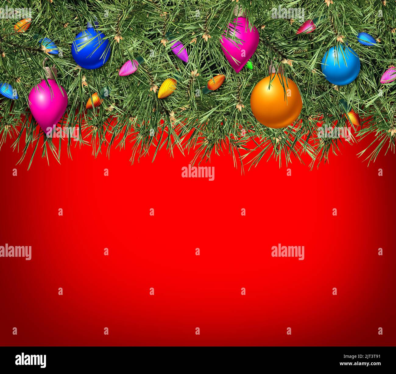 Weihnachtsfeiertag roter Hintergrund mit immergrüner Kiefer und Winterfest x-0mas Ornamente mit Textbereich als festliche saisonale Promotion Stockfoto