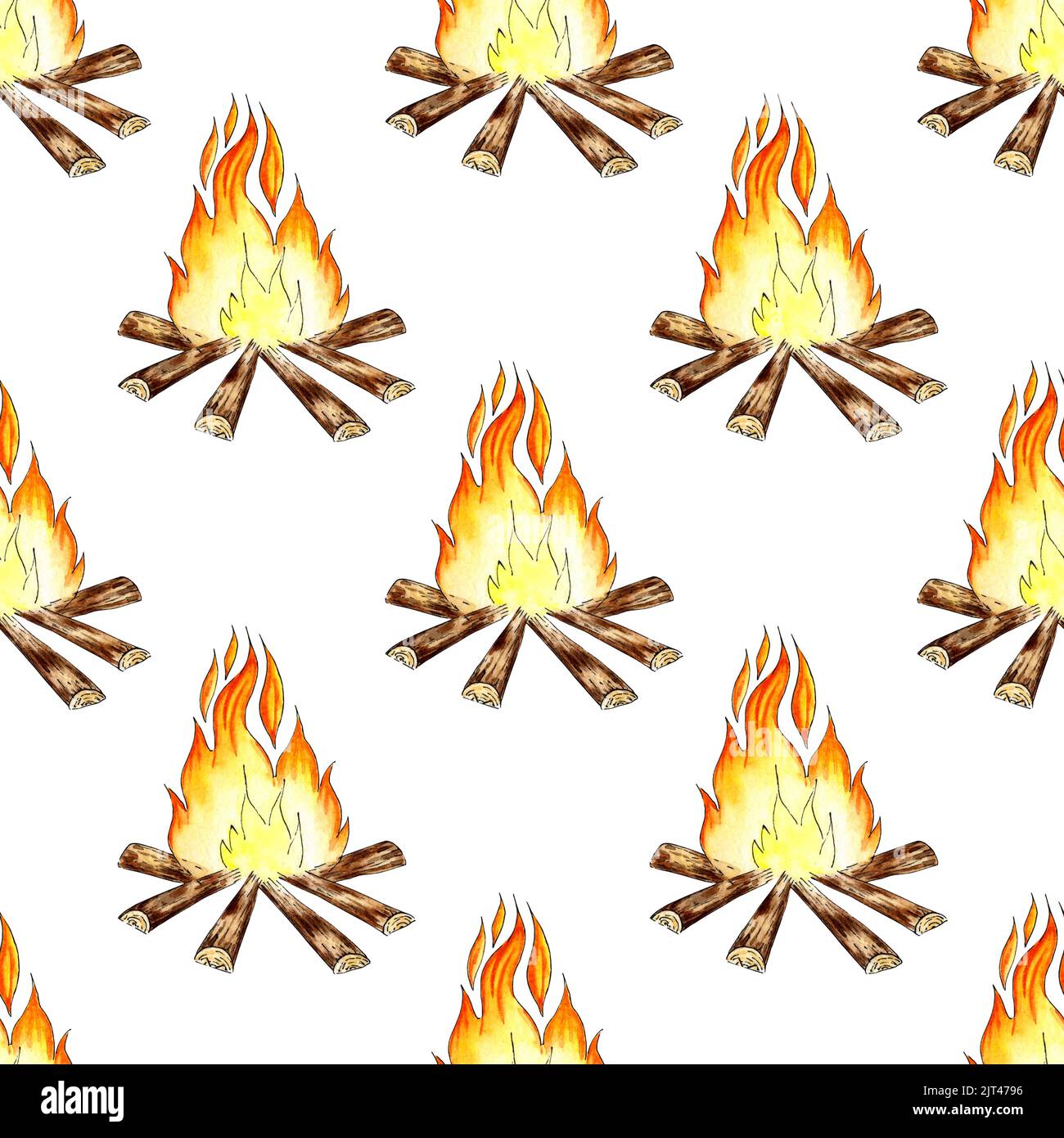Aquarell-Illustration des Lagerfeuermusters. Orangefarbene und gelbe Flammen. Für die Gestaltung von Design-Kompositionen zum Thema Tourismus, Wandern, Outdoor Stockfoto