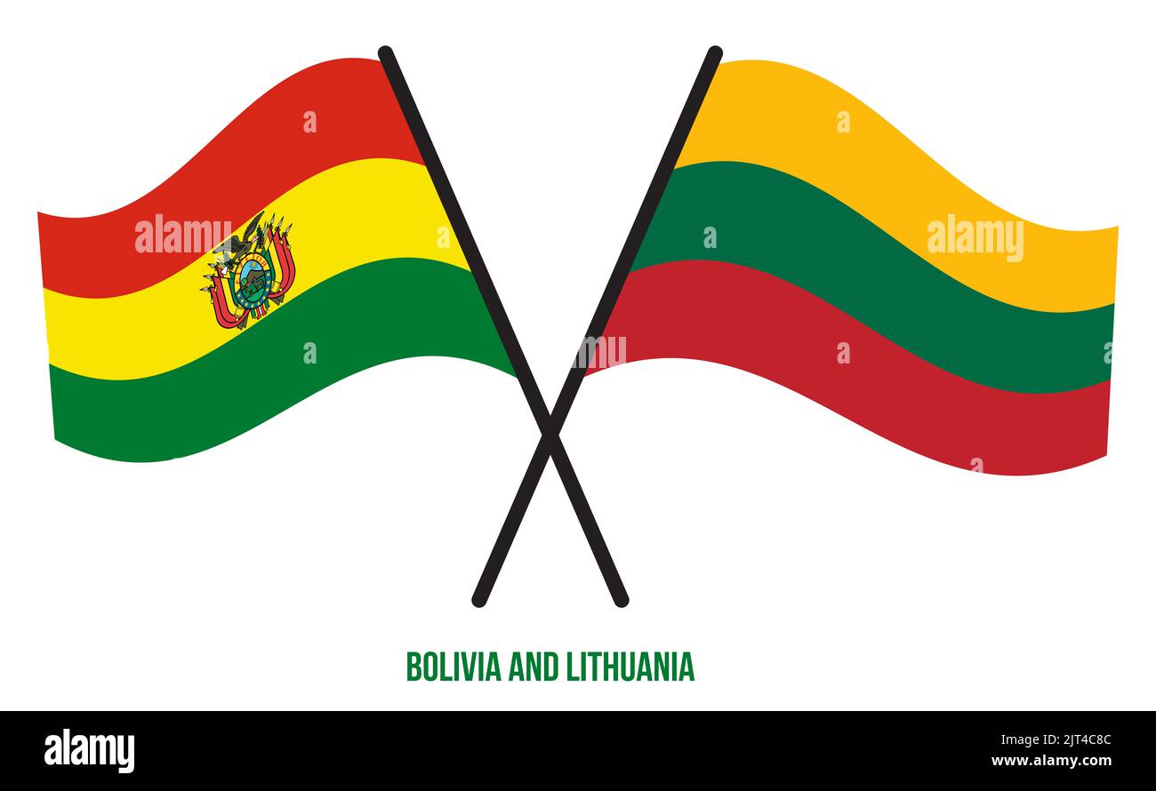 Bolivien und Litauen Flaggen gekreuzt und winkend Flat Style. Offizieller Anteil. Korrigieren Sie Die Farben. Stockfoto
