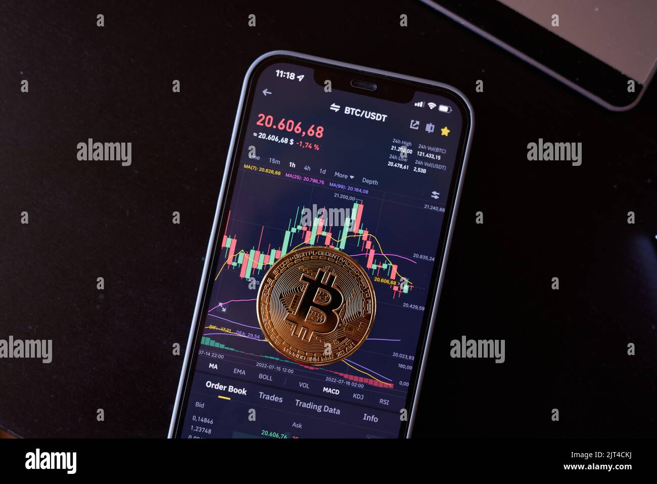 Physischer Bitcoin auf dem Smartphone vor dem Chart Stockfoto
