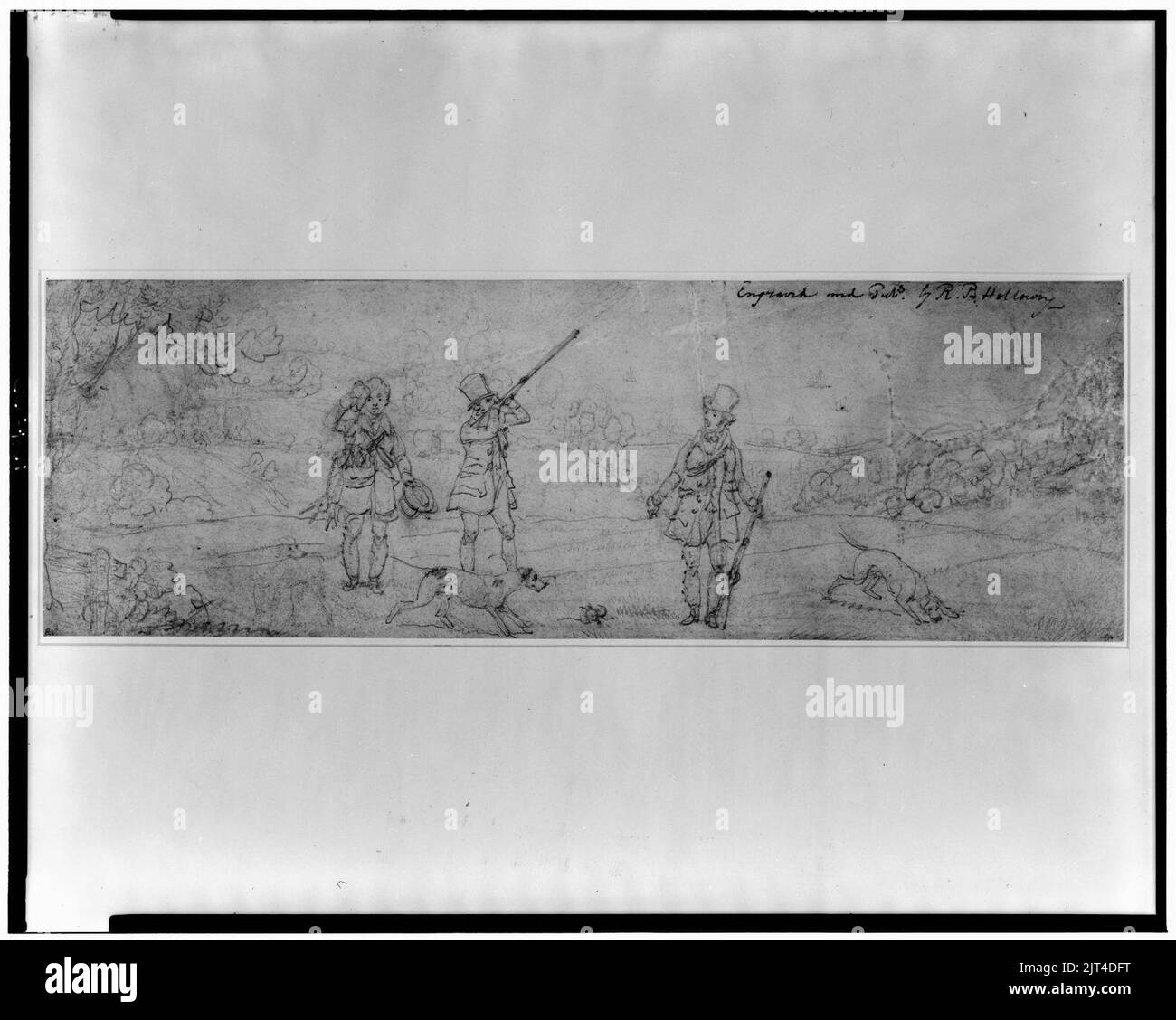 Zwei Jäger Holding guns, drei Hunde, und Mann, Spiel und seine Stirn in Feld umgeben von Wäldern wischen Stockfoto