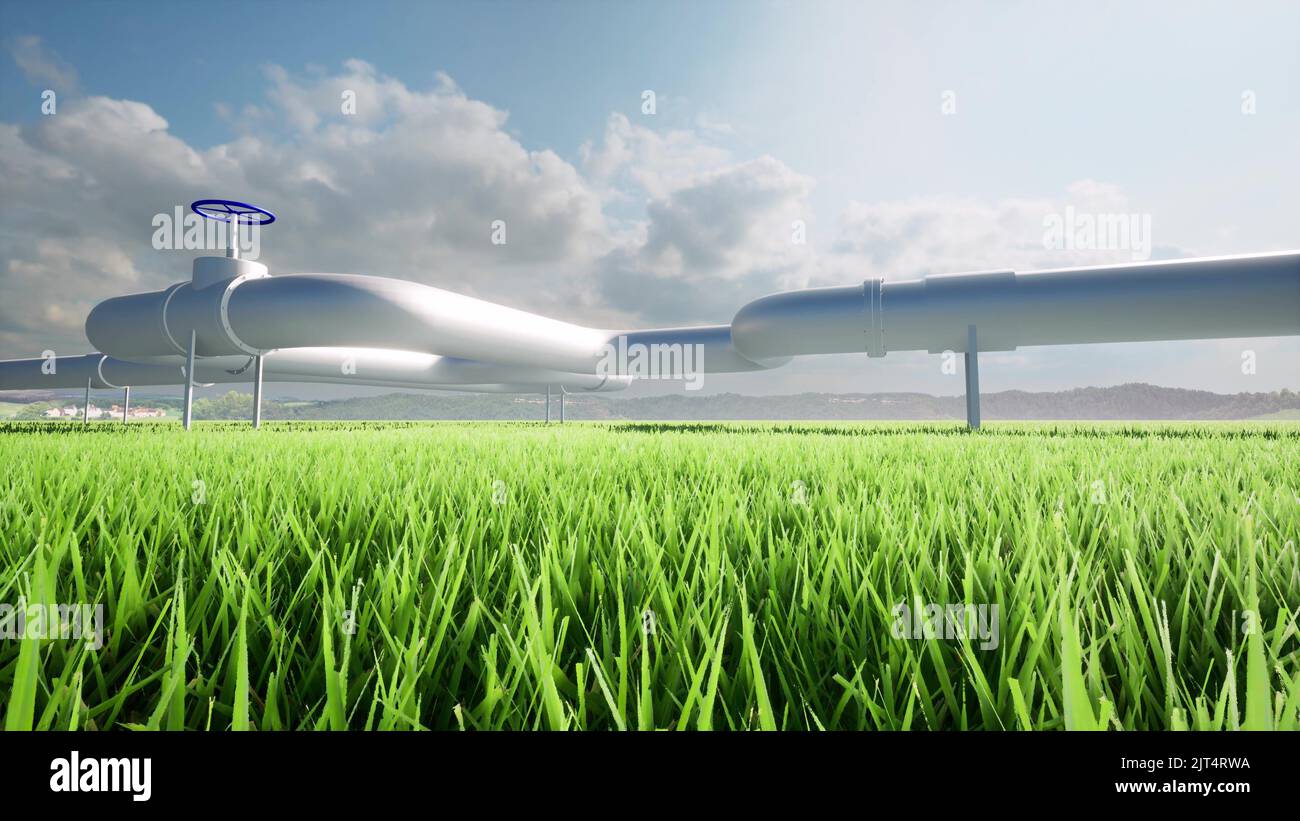 Wasserstoff-Pipeline erneuerbare Anlage Grüne Transformation Nachhaltige Energieerzeugung sauberer Strom Energiespeicher 3D Render Stockfoto
