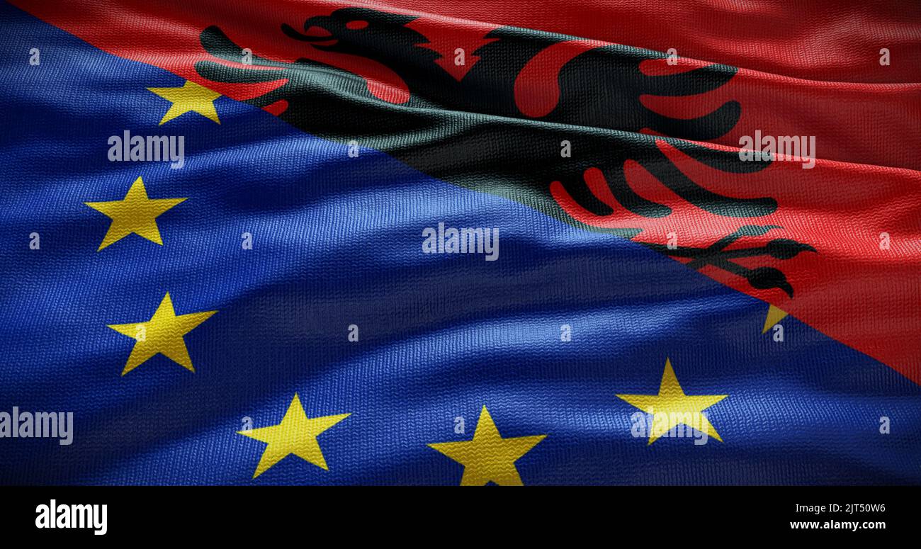 Hintergrund der Flagge Albaniens und der Europäischen Union. Beziehungen zwischen der Regierung des Landes und der EU. 3D Abbildung. Stockfoto