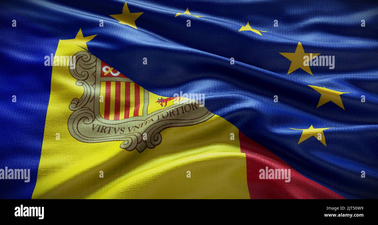 Hintergrund der Flagge Andorras und der Europäischen Union. Beziehungen zwischen der Regierung des Landes und der EU. 3D Abbildung. Stockfoto