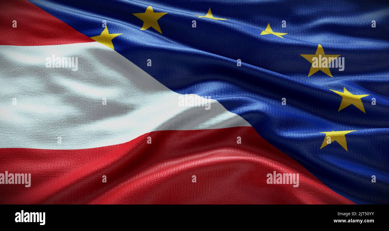 Hintergrund der Flagge Österreichs und der Europäischen Union. Beziehungen zwischen der Regierung des Landes und der EU. 3D Abbildung. Stockfoto