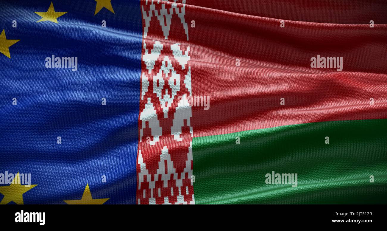 Hintergrund der Flagge von Belarus und der Europäischen Union. Beziehungen zwischen der Regierung des Landes und der EU. 3D Abbildung. Stockfoto