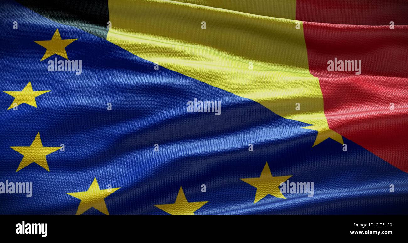 Hintergrund der Flagge Belgiens und der Europäischen Union. Beziehungen zwischen der Regierung des Landes und der EU. 3D Abbildung. Stockfoto