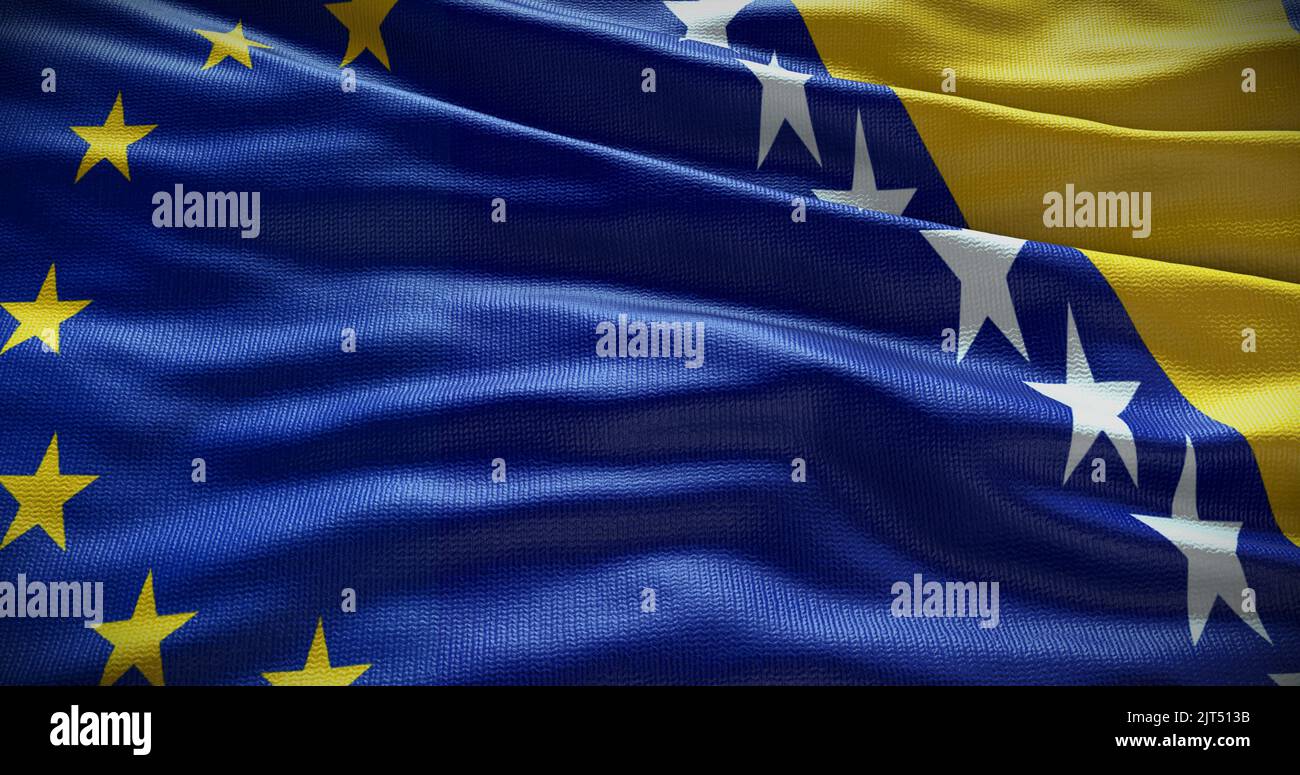 Hintergrund der Flagge von Bosnien und Herzegowina und der Europäischen Union. Beziehungen zwischen der Regierung des Landes und der EU. 3D Abbildung. Stockfoto