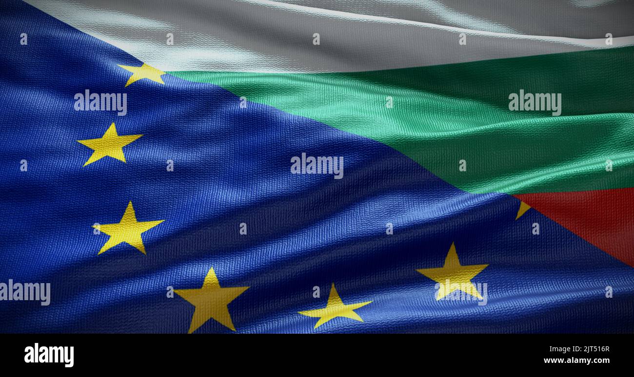 Hintergrund der Flagge Bulgariens und der Europäischen Union. Beziehungen zwischen der Regierung des Landes und der EU. 3D Abbildung. Stockfoto